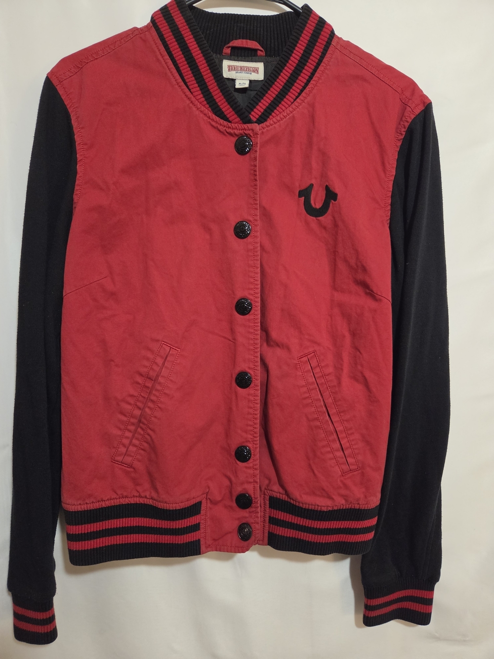 True Religion Varsity Jacket Red Black Spellout Back Graphic Size XL